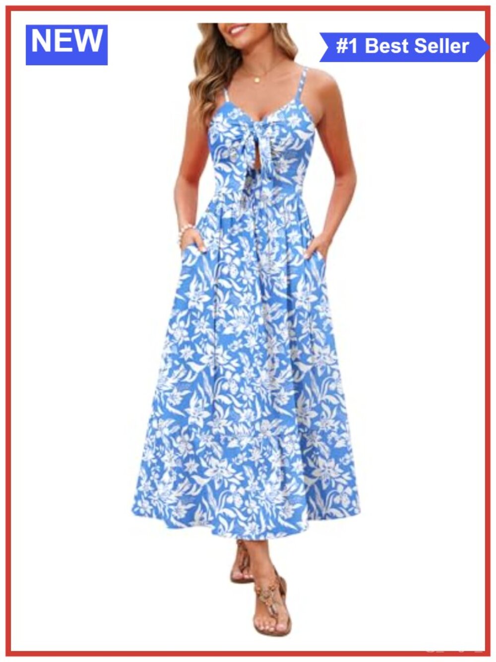 Women Summer Floral Maxi Dress Spaghetti Strap Tie Front Pockets Beach